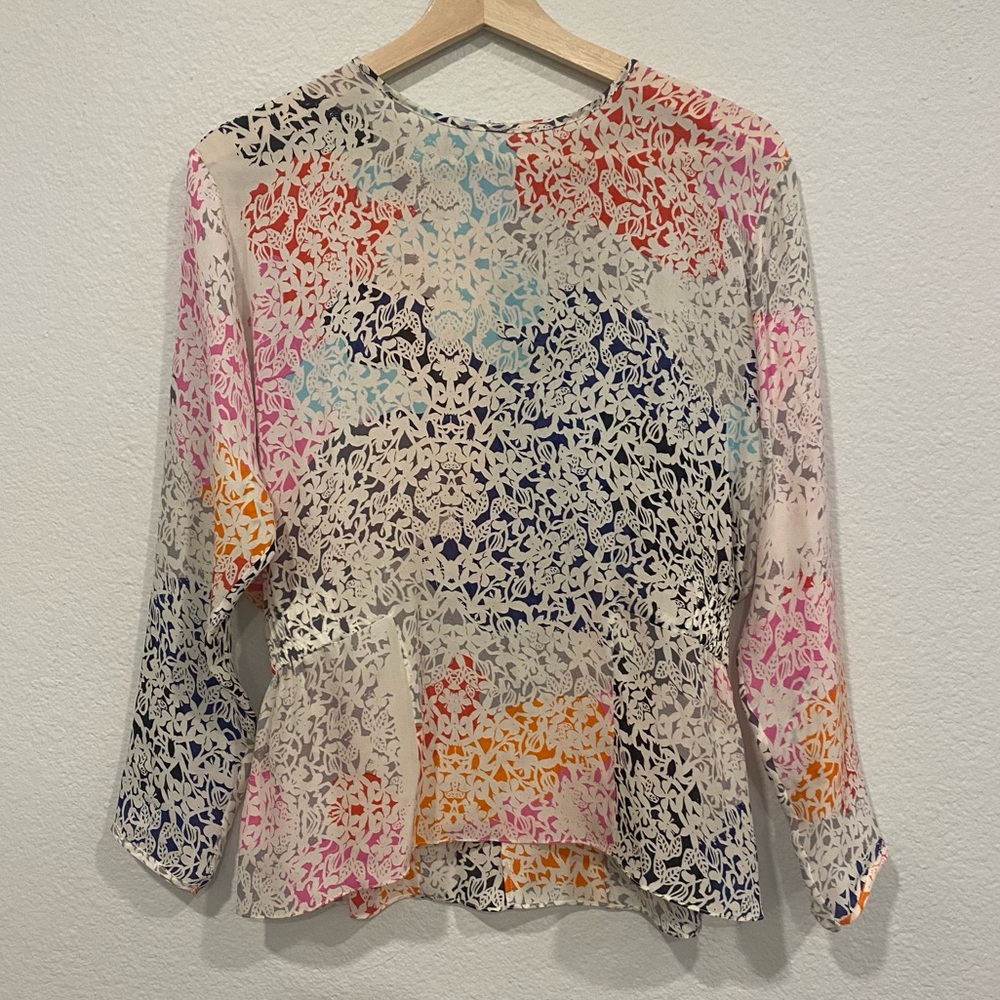 TANYA TAYLOR Colorful Floral 100% Silk Blouse Peplum Top size 4